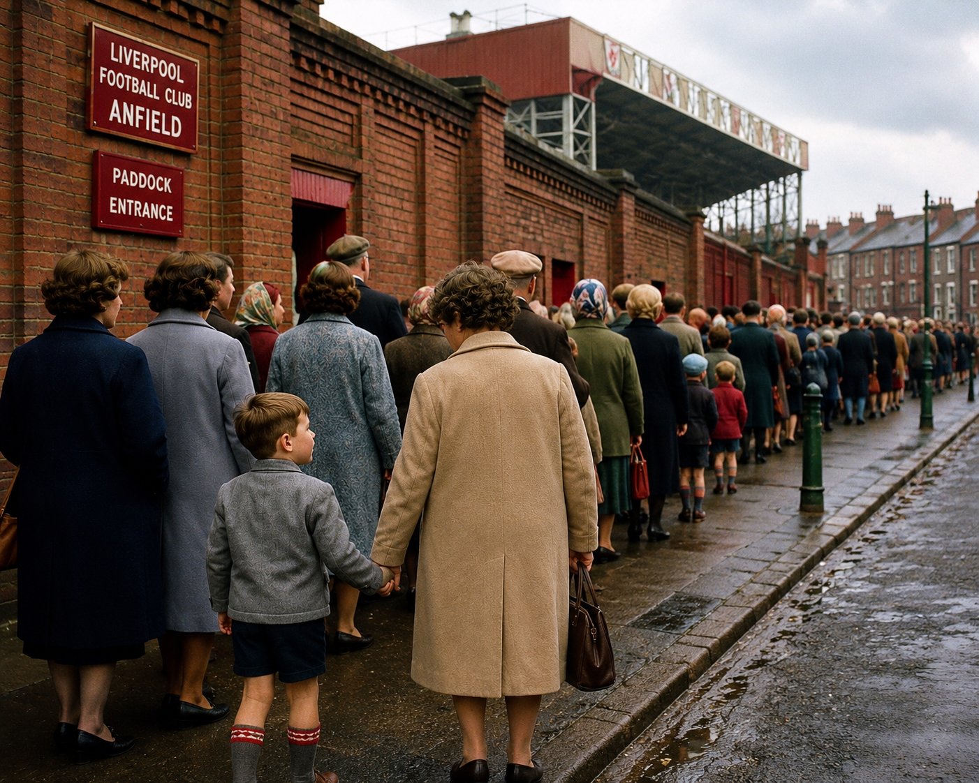 Families and children queue outside Anfield on a wet match day in the early 1960s
